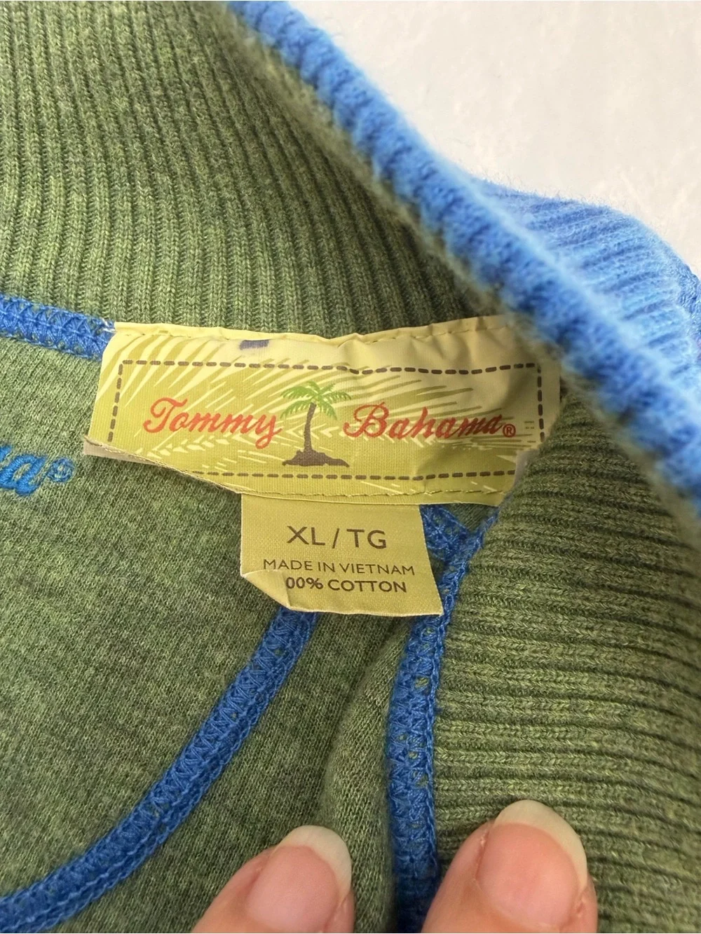 Tommy Bahama Quarter Zip Sweater Mens XL Blue Olive Green Contrast Trim Cotton
